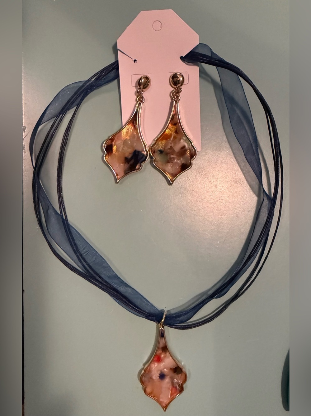 Gold-Tone Multi-Color Floral Resin Pendant Necklace & Earring Set-Navy Ribbon